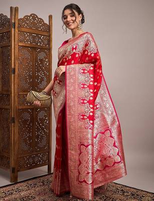 Red woven design zari satin banarasi saree 2