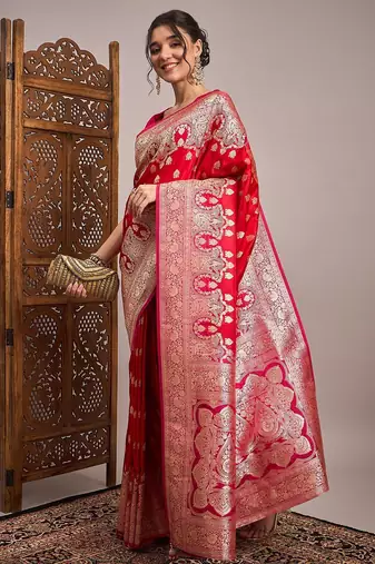 Red woven design zari satin banarasi saree