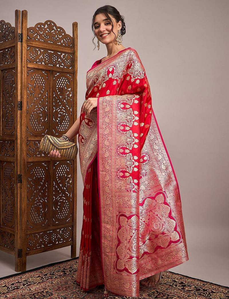 Red woven design zari satin banarasi saree