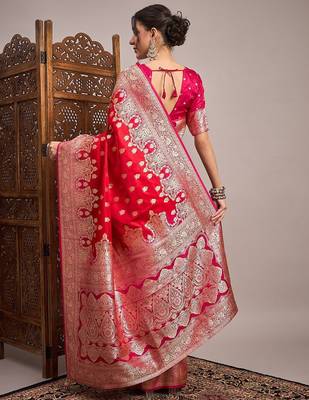 Red woven design zari satin banarasi saree 3