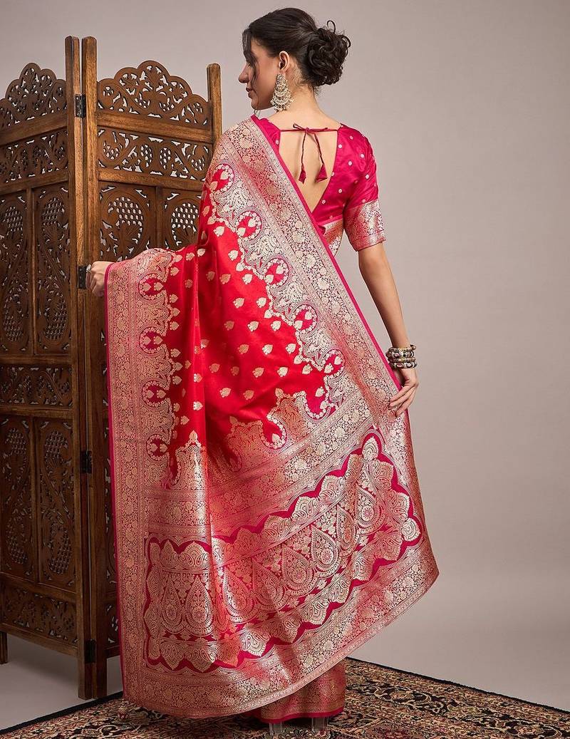 Red woven design zari satin banarasi saree