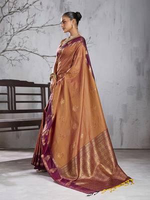 gold banarasi silk blend saree with wine border for women festive wedding traditional party wear 2