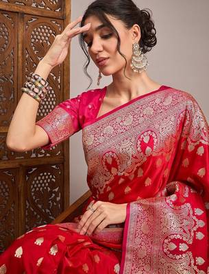 Red woven design zari satin banarasi saree 4