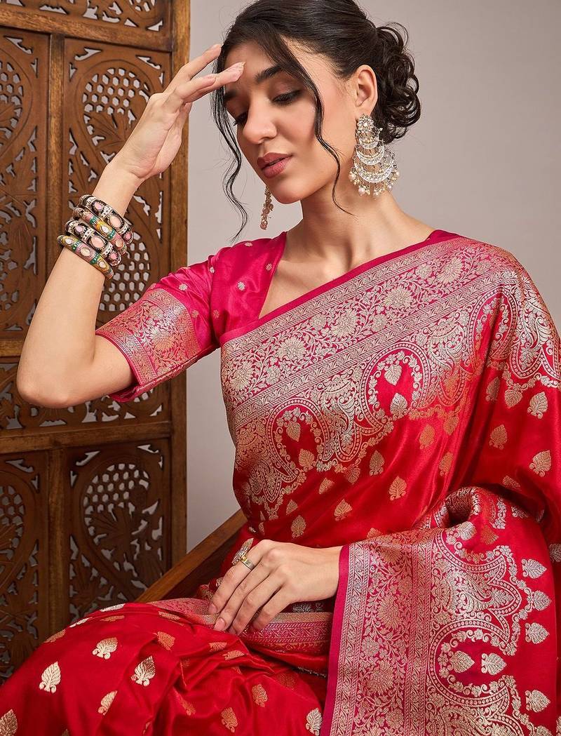 Red woven design zari satin banarasi saree
