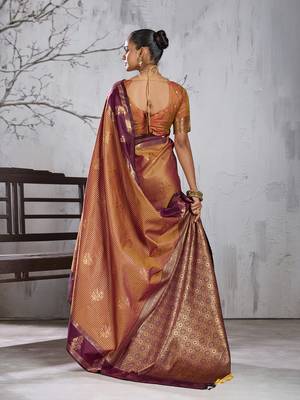 gold banarasi silk blend saree with wine border for women festive wedding traditional party wear 3