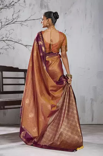 gold banarasi silk blend saree with wine border for women festive wedding traditional party wear