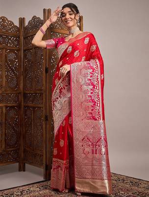 Red woven design zari satin banarasi saree 1