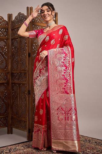 Red woven design zari satin banarasi saree
