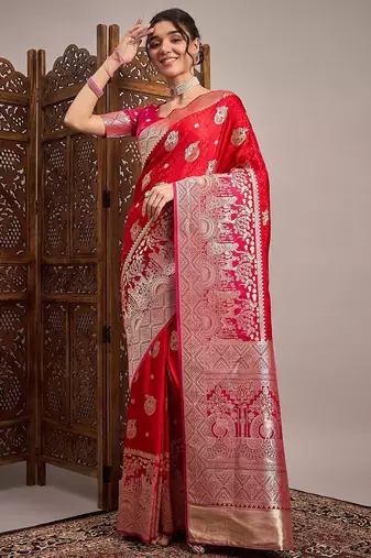 Red woven design zari satin banarasi saree