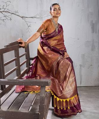 gold banarasi silk blend saree with wine border for women festive wedding traditional party wear 5