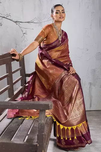 gold banarasi silk blend saree with wine border for women festive wedding traditional party wear