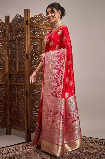 Red woven design zari satin banarasi saree