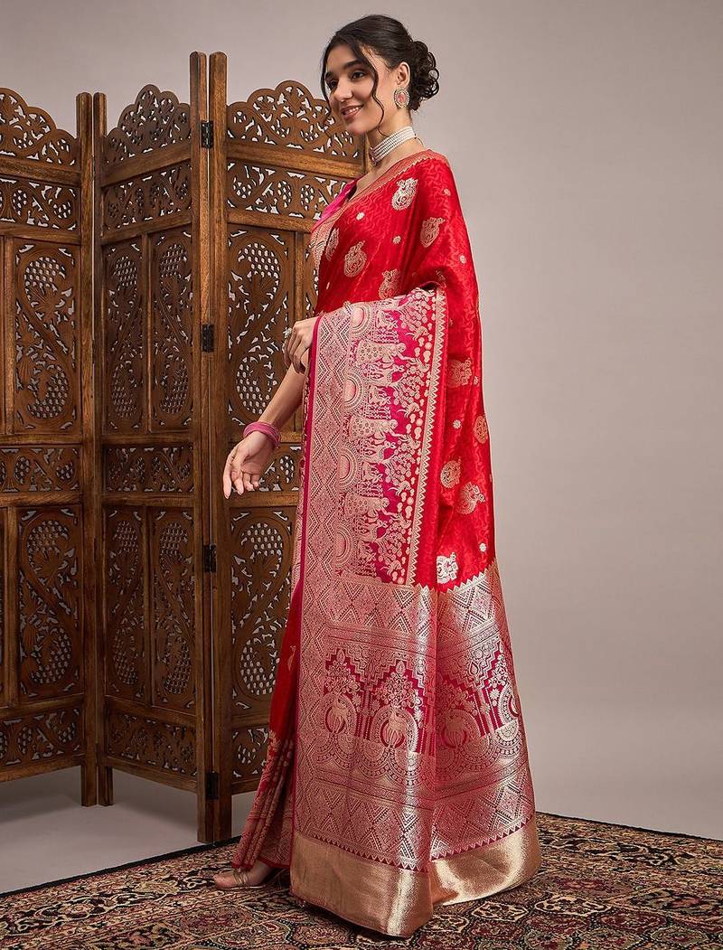 Red woven design zari satin banarasi saree