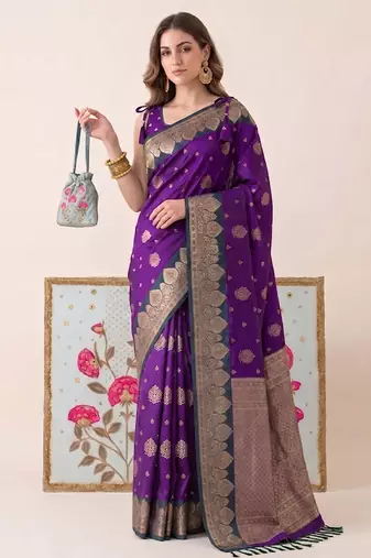 purple banarasi silk blend saree with grey border women festive wedding party wear