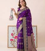 purple banarasi silk blend saree with grey border women festive wedding party wear