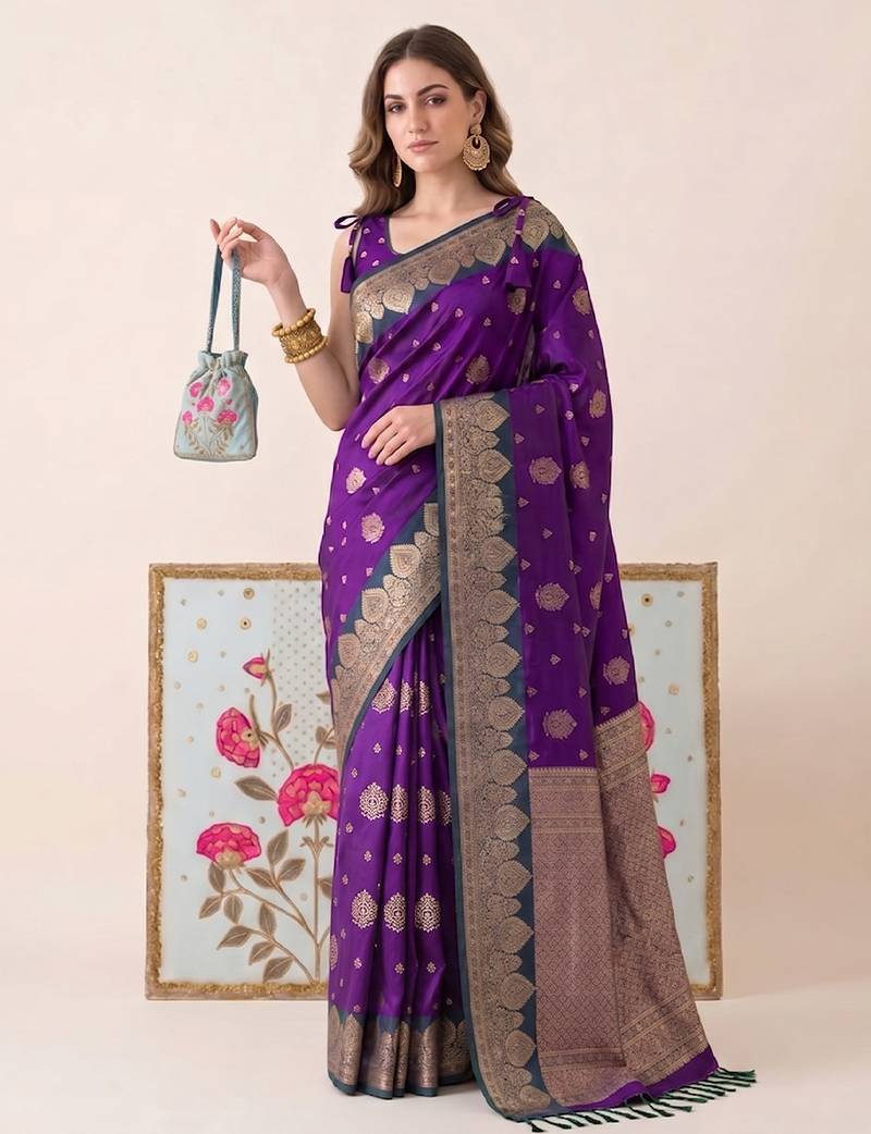 purple banarasi silk blend saree with grey border women festive wedding party wear