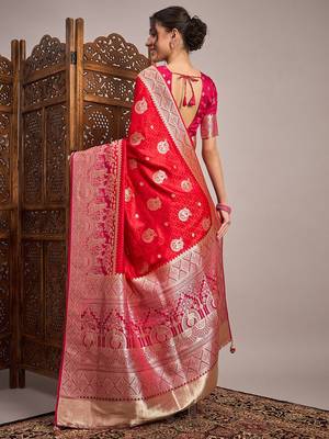 Red woven design zari satin banarasi saree 3