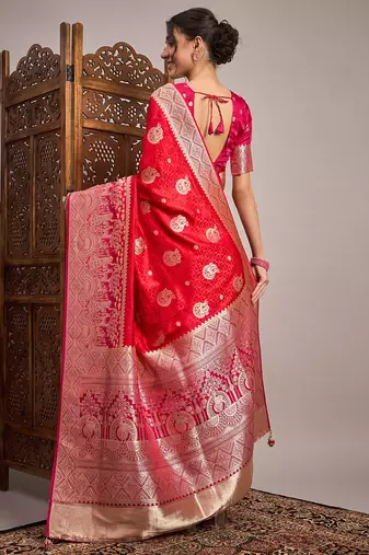 Red woven design zari satin banarasi saree