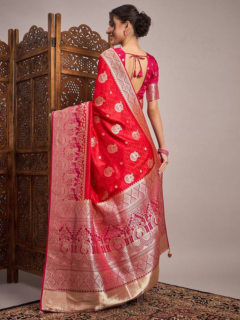 Red woven design zari satin banarasi saree