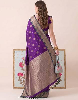 purple banarasi silk blend saree with grey border women festive wedding party wear 2