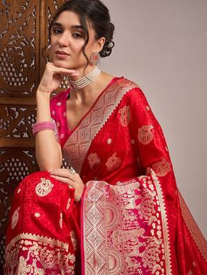 Red woven design zari satin banarasi saree 4