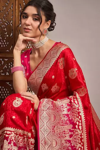 Red woven design zari satin banarasi saree