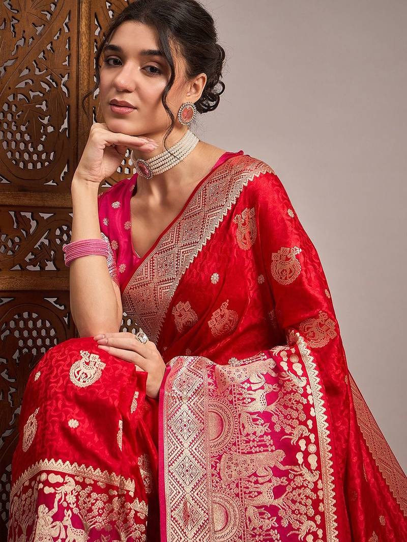 Red woven design zari satin banarasi saree