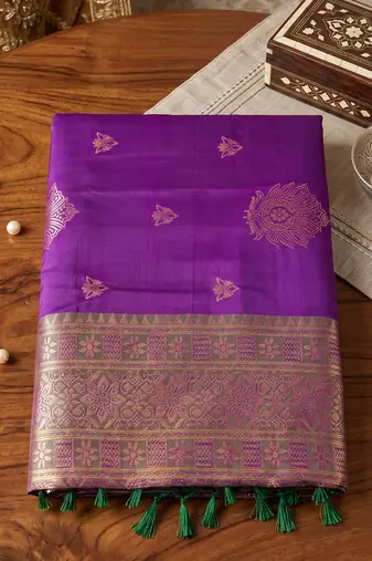 purple banarasi silk blend saree with grey border women festive wedding party wear