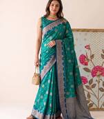 teal banarasi silk blend saree with navy blue border for women festive wedding traditional wear