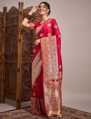 Pink woven design zari satin banarasi saree 1