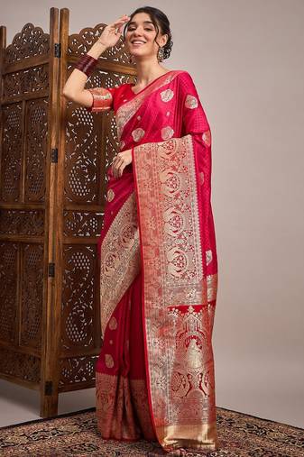 Pink woven design zari satin banarasi saree