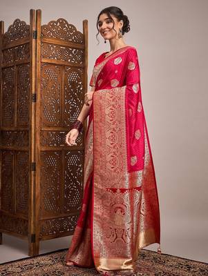 Pink woven design zari satin banarasi saree 2