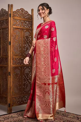 Pink woven design zari satin banarasi saree