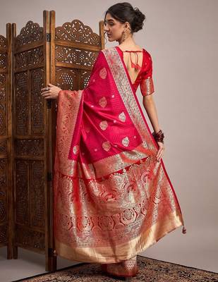 Pink woven design zari satin banarasi saree 3