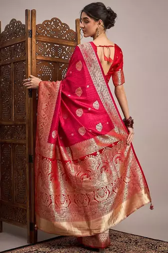 Pink woven design zari satin banarasi saree