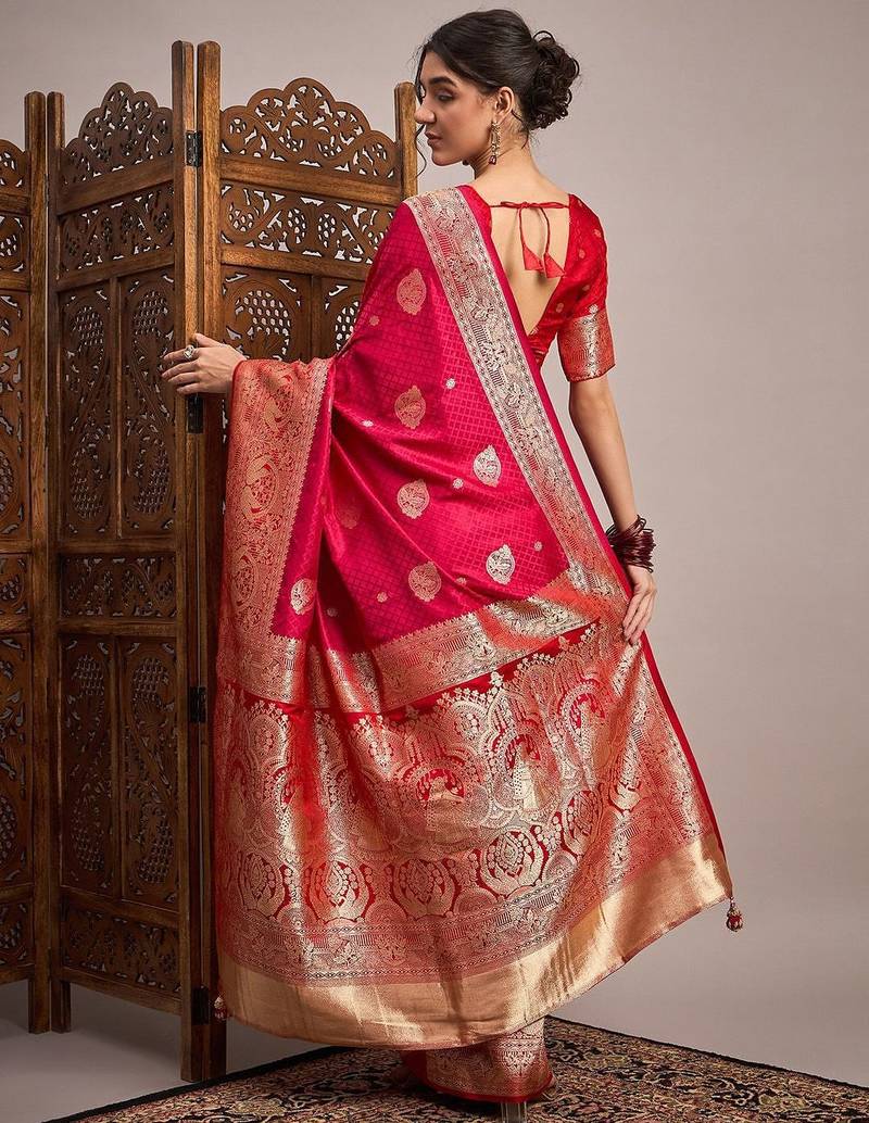 Pink woven design zari satin banarasi saree
