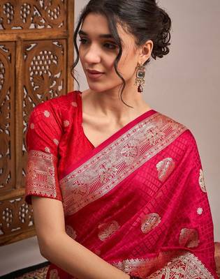 Pink woven design zari satin banarasi saree 4