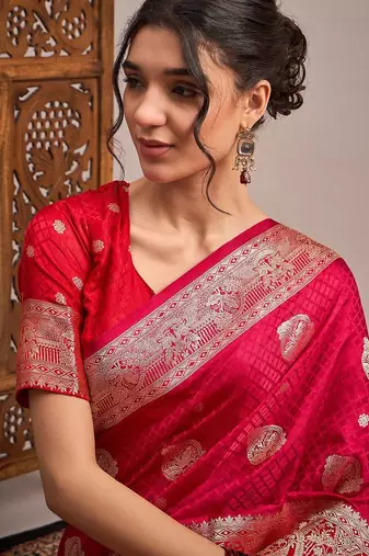 Pink woven design zari satin banarasi saree