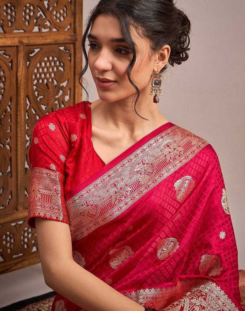 Pink woven design zari satin banarasi saree