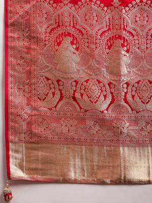 Pink woven design zari satin banarasi saree 5