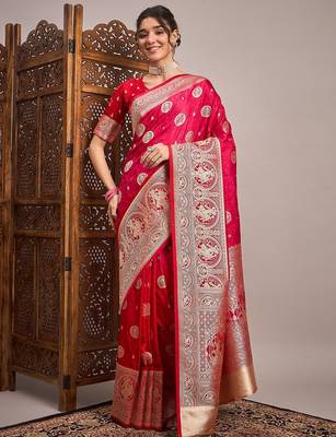 Pink woven design zari satin banarasi saree 1