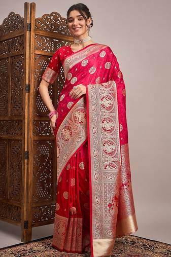 Pink woven design zari satin banarasi saree
