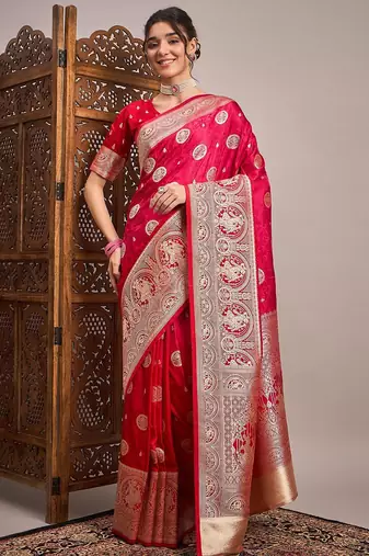 Pink woven design zari satin banarasi saree