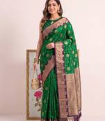 green banarasi silk blend saree with wine border for women festive wedding traditional party wear