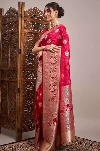 Pink woven design zari satin banarasi saree