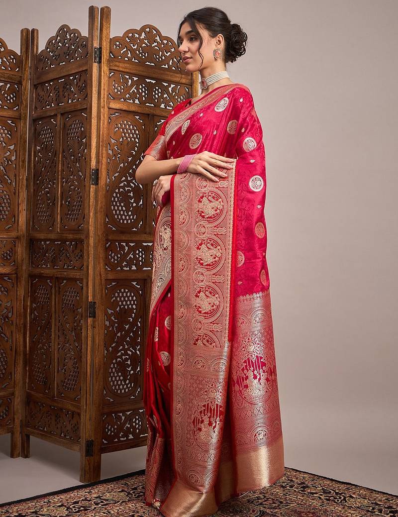 Pink woven design zari satin banarasi saree