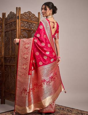 Pink woven design zari satin banarasi saree 3