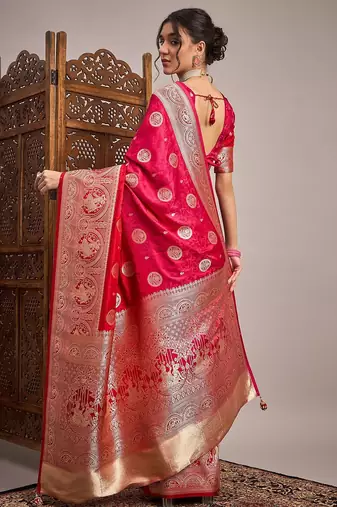 Pink woven design zari satin banarasi saree