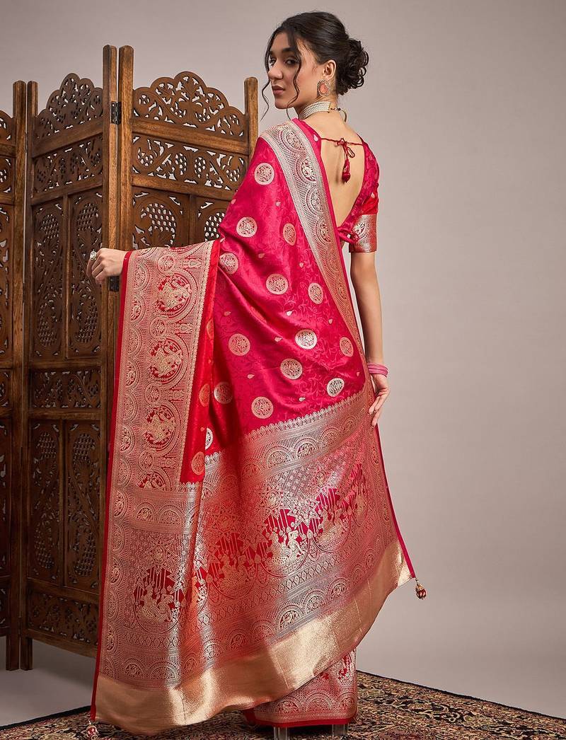 Pink woven design zari satin banarasi saree