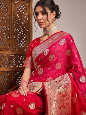 Pink woven design zari satin banarasi saree 4
